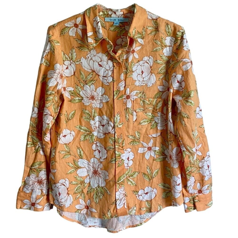 Blue Sol Linen Blend Floral Long Sleeve Button Up Shirt Roll Tab Women's Medium